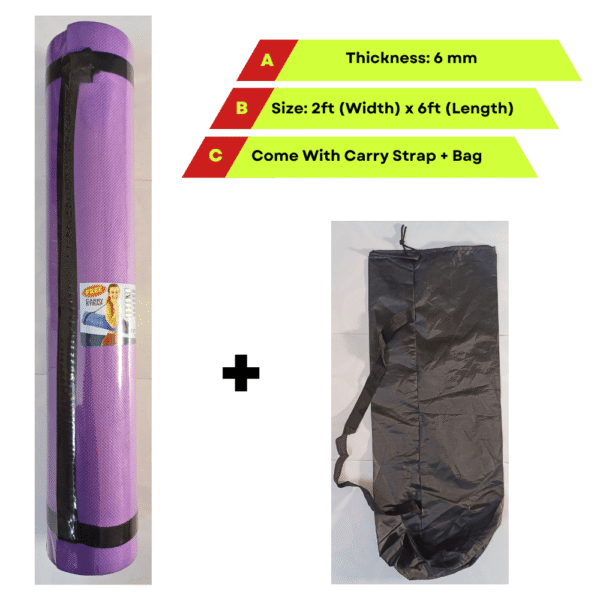 6mm Thickness Yoga Mat + Cover + Carry Strap – 2ft x 6ft, EVA , Non-Slip Exercise Mat for Home Workout, Pilates, Gym & Fitness (Anti-Skid, Eco-friendly) Pack of 1
