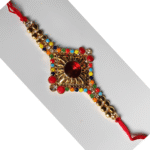 Designer Rakhi, Gold Color Plated Bracelet Rakhi ,Gemstone Rakhi with Roli and Chawal - Image 2