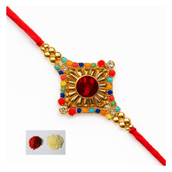 Designer Rakhi, Gold Color Plated Bracelet Rakhi ,Gemstone Rakhi with Roli and Chawal