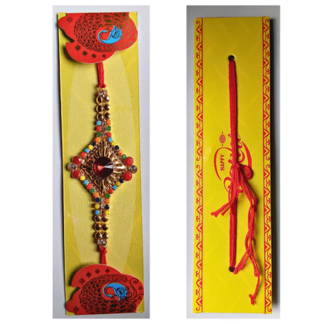 Designer Rakhi, Gold Color Plated Bracelet Rakhi ,Gemstone Rakhi with Roli and Chawal - Image 4